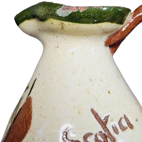 Torquay Devon Motto Creamer Mini Pitcher & Wooden Stand Set Red Pottery England - Picture 9 of 16